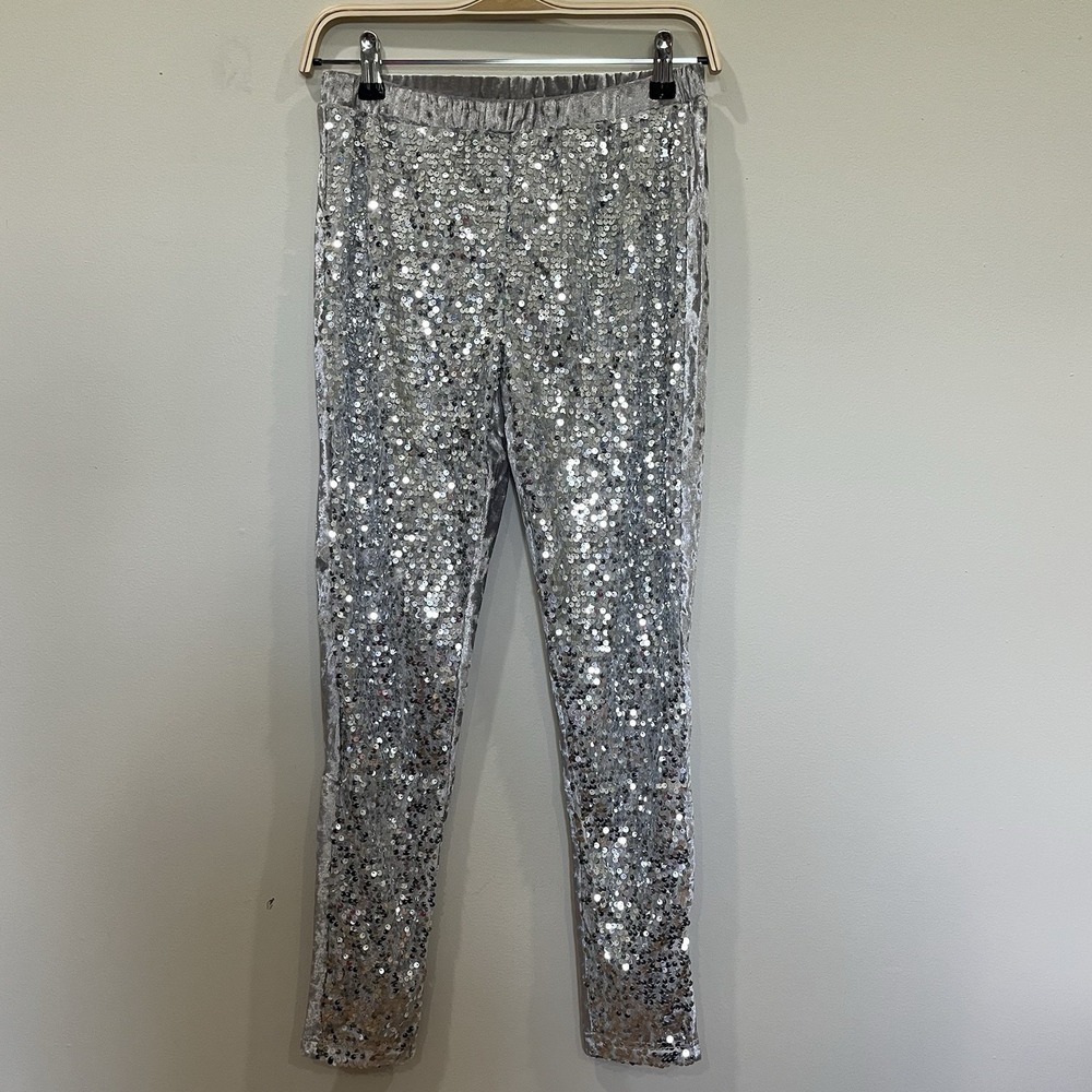 Joyfolie Mia Joy Girls‎ Sequin Velvet Silver Leggings Size 14 NWT